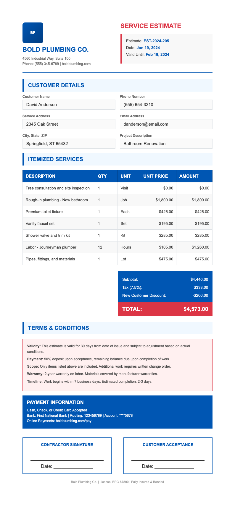 Bold Professional free plumbing estimate form